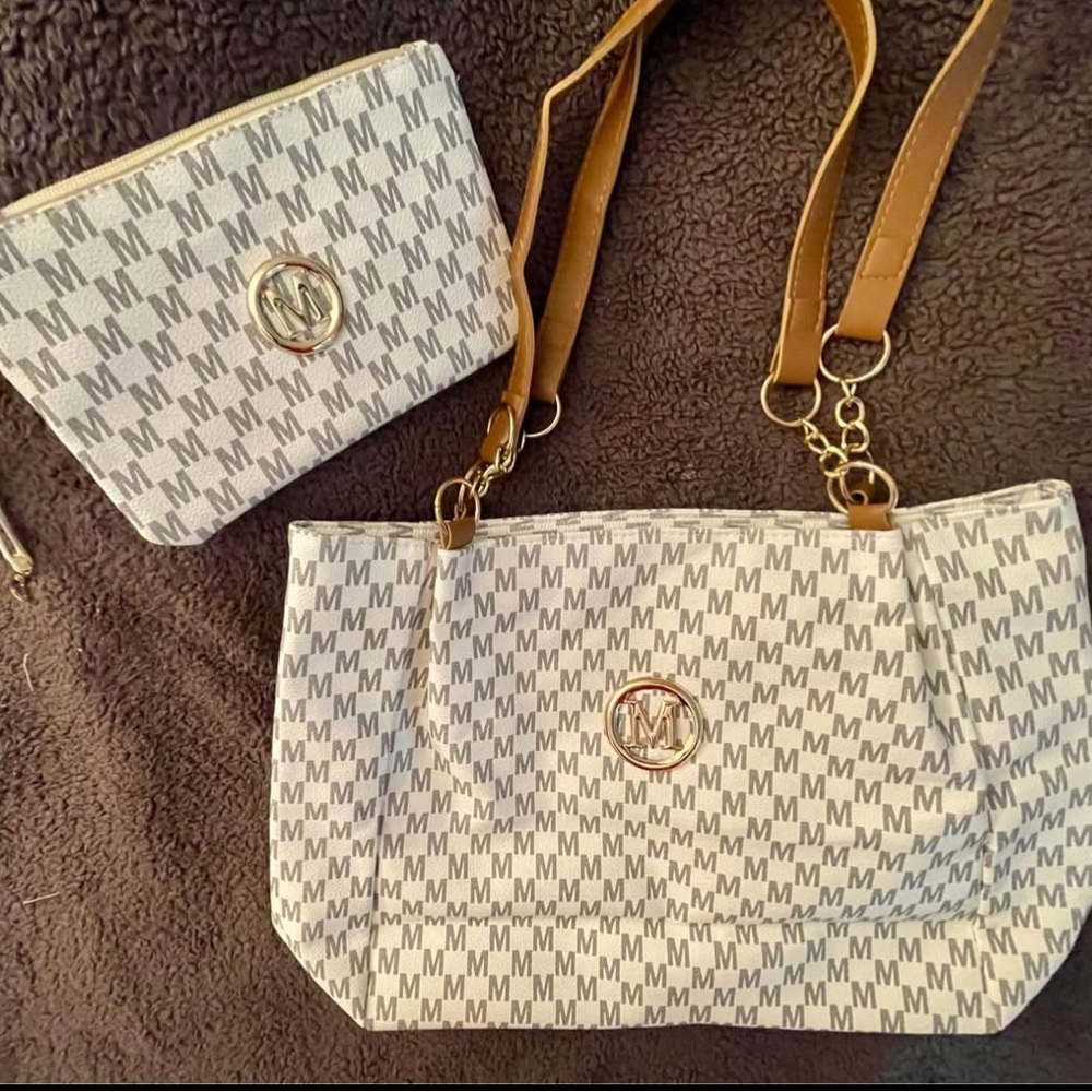 Glam Girl Fashion White and Tan Tote Set
